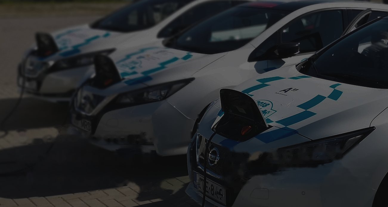 Row of white electric cars plugged into chargers at a service station