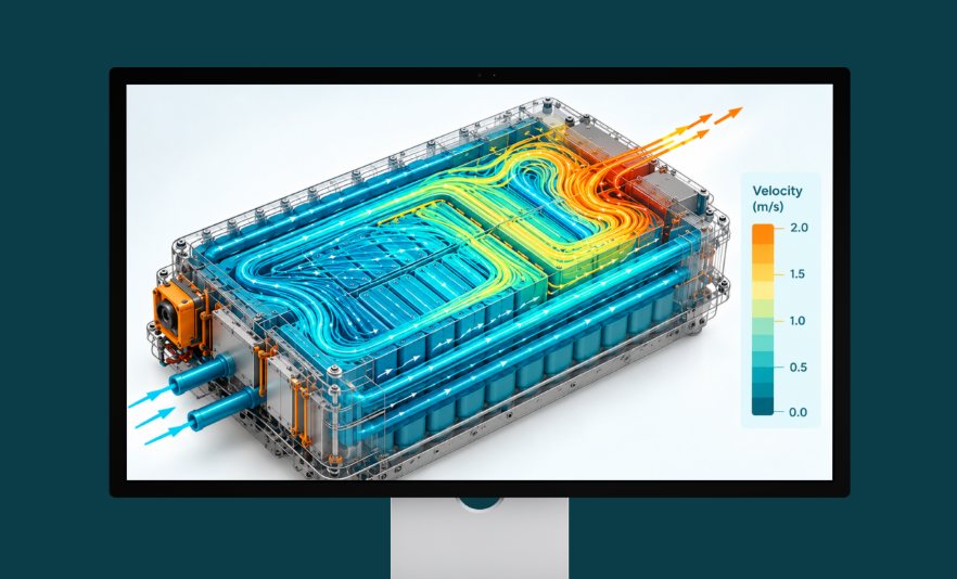 Monitor showing coolant flow streamlines through a battery pack, coloured by velocity
