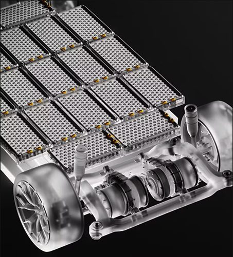Render of an EV skateboard chassis with exposed battery modules and drive unit
