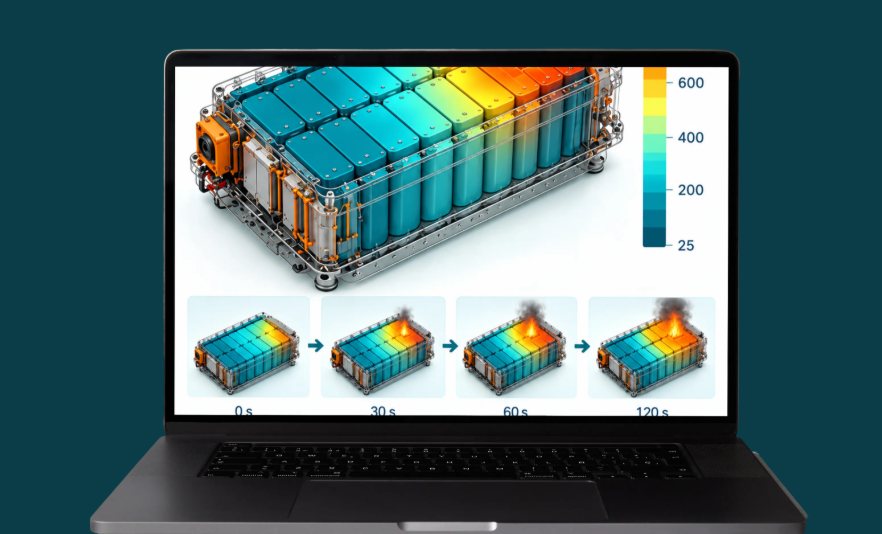 Laptop showing a battery pack temperature map and a 0 to 120 second thermal runaway propagation sequence