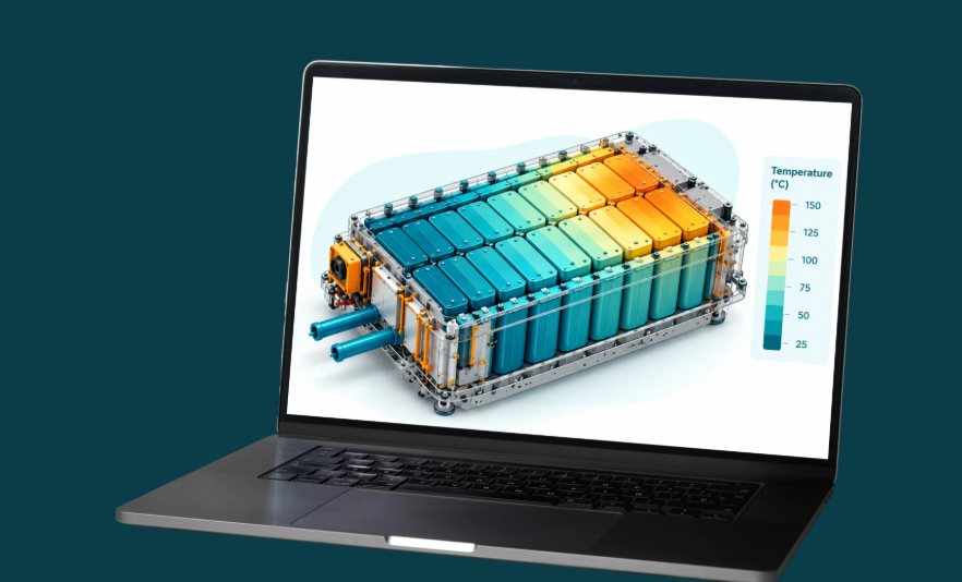 Laptop showing a battery pack temperature map, hot cells in orange and cool cells in teal