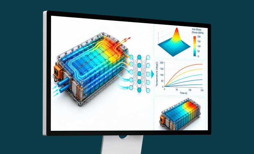 Monitor showing a battery pack digital twin: thermal field, neural network diagram and predicted temperature curves